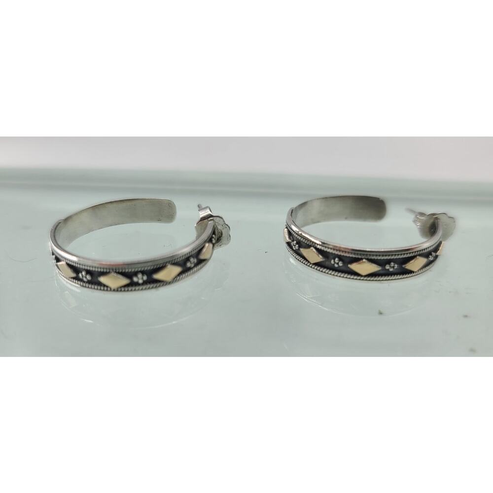 Vintage Southwestern Inspired Sterling Silver & 18k Gold Hoop Earrings Pierced